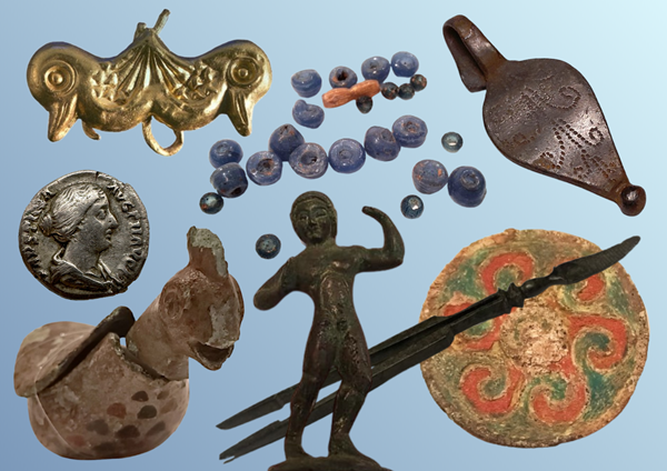 photo of objects including a gold pendant, blue glass beads, a pair of fine pointed forceps, a metal figurine, a ceramic oil lamp in the shape of a cockerel, etc.